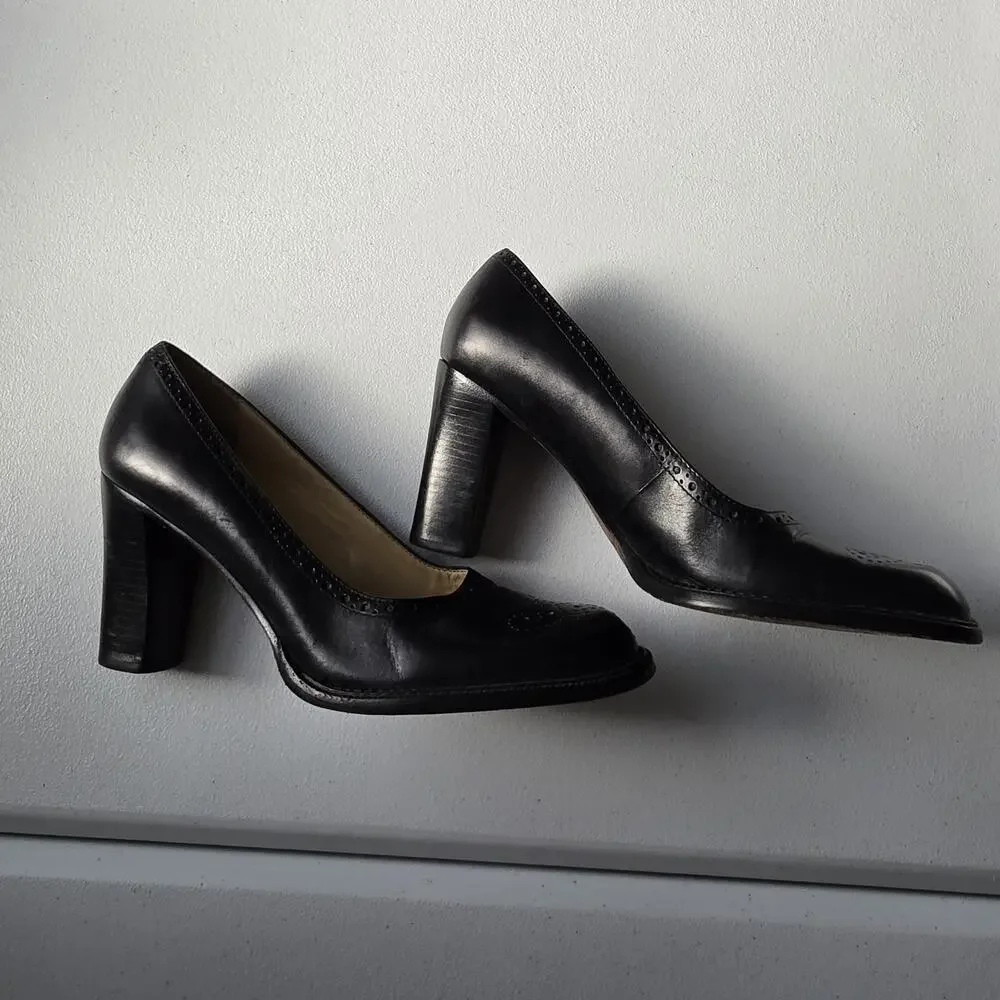 Y2K Antonio Melani Shoes Womens 7.5M Black Leather Block Heel Round Toe Pumps